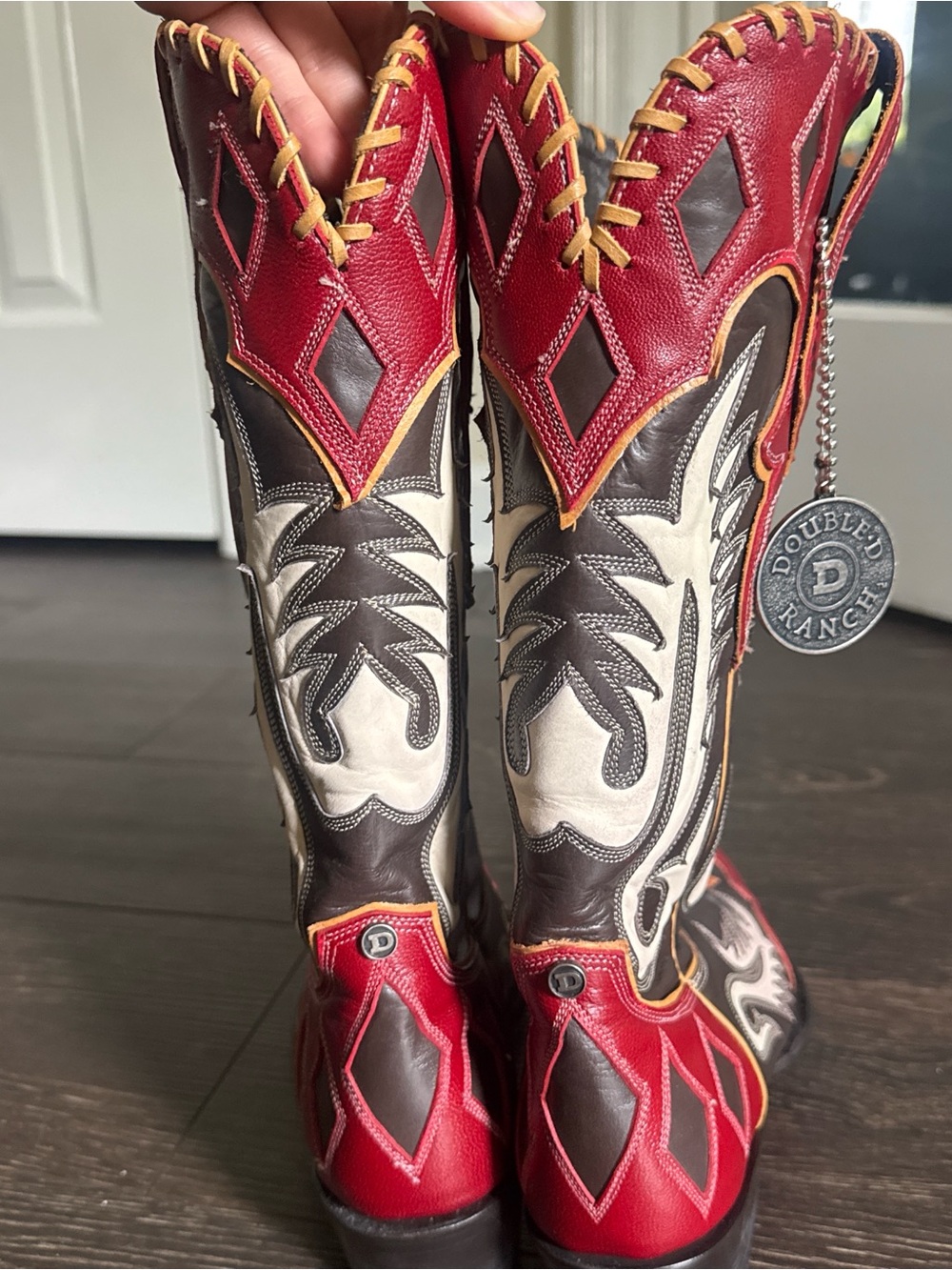 Double D Ranch Red, Black, and White Leather Western Boots - Picture 4 of 5